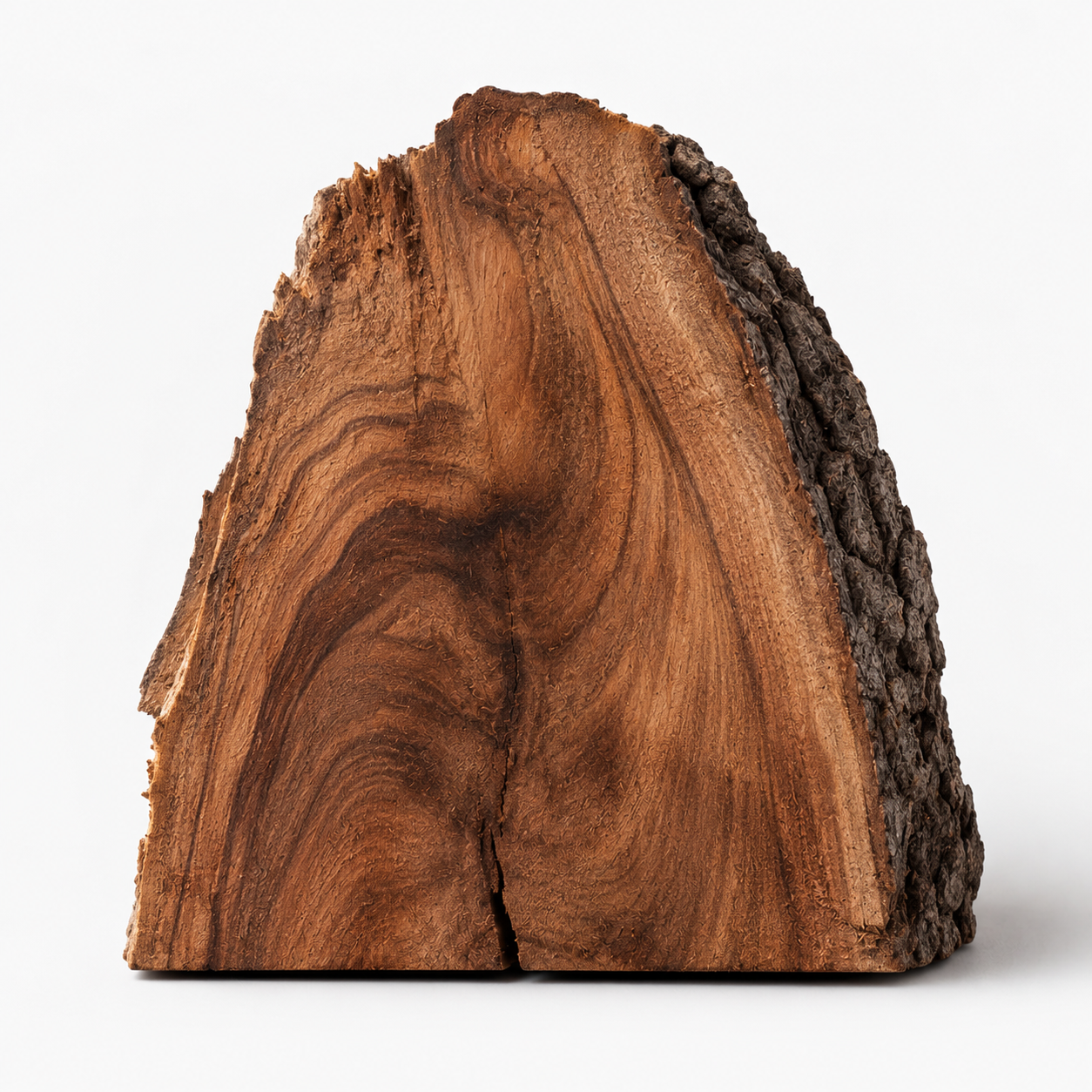 Raw acacia wood block with natural grain and bark texture, representing the Wood furniture collection