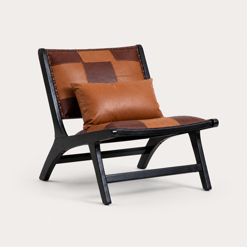 Chocolate patchwork leather lounge chair black wood frame angle