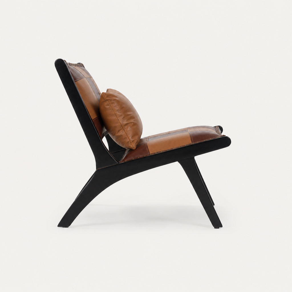Low-slung leather lounge chair side view black angular frame