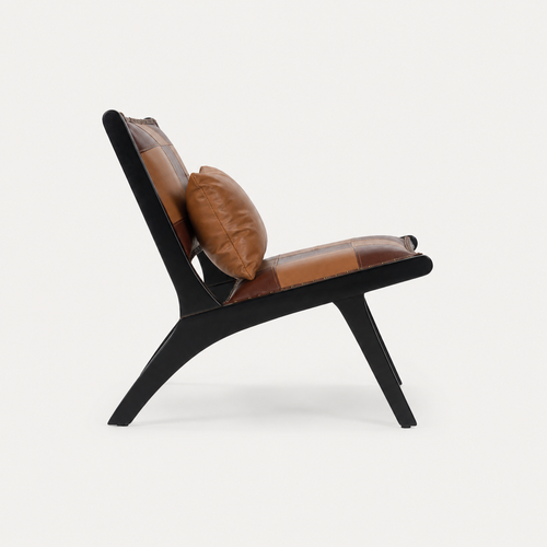 Low-slung leather lounge chair side view black angular frame