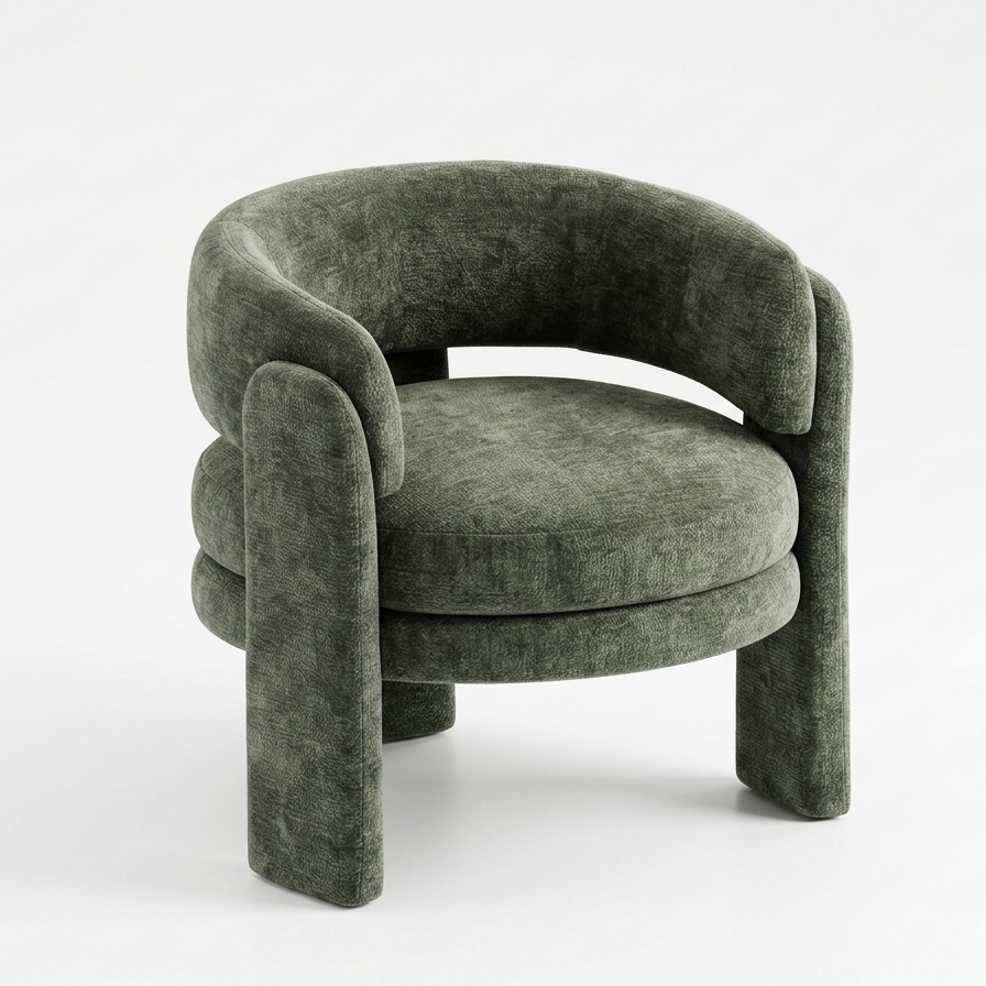 Sage green boucle barrel back accent chair sculptural legs living room