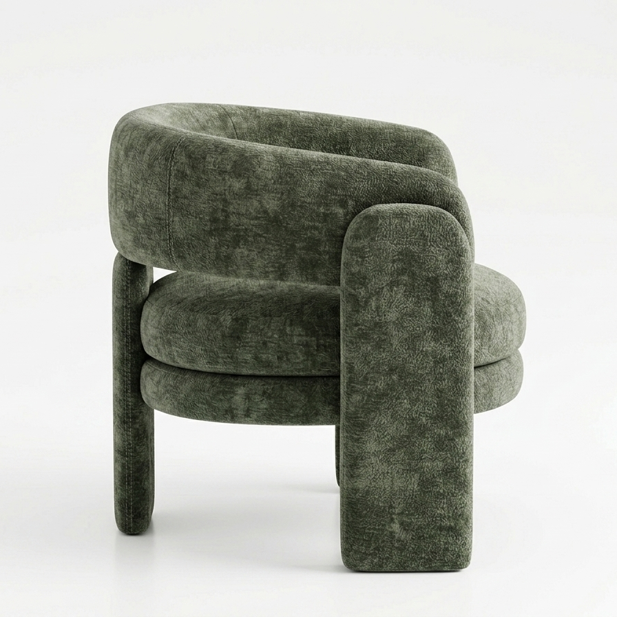 Forest green sculptural accent chair circular seat barrel back front facing