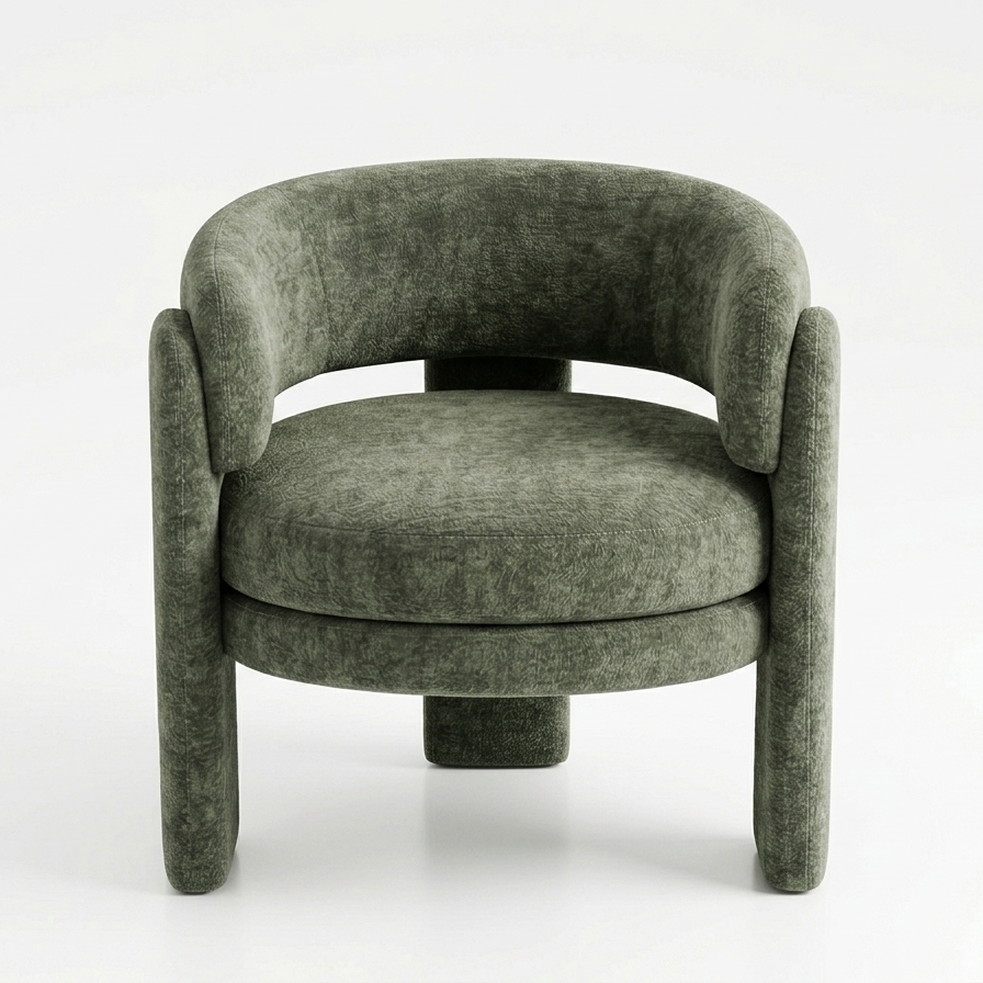Spinach green boucle armchair full front view upholstered legs minimal design