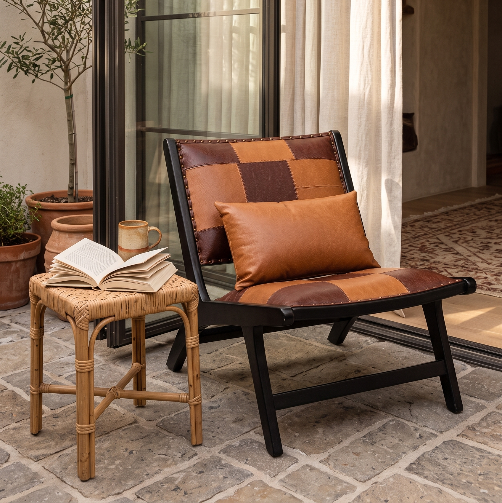Patchwork leather-look lounge chair on a stone patio beside a rattan stool and potted olive tree