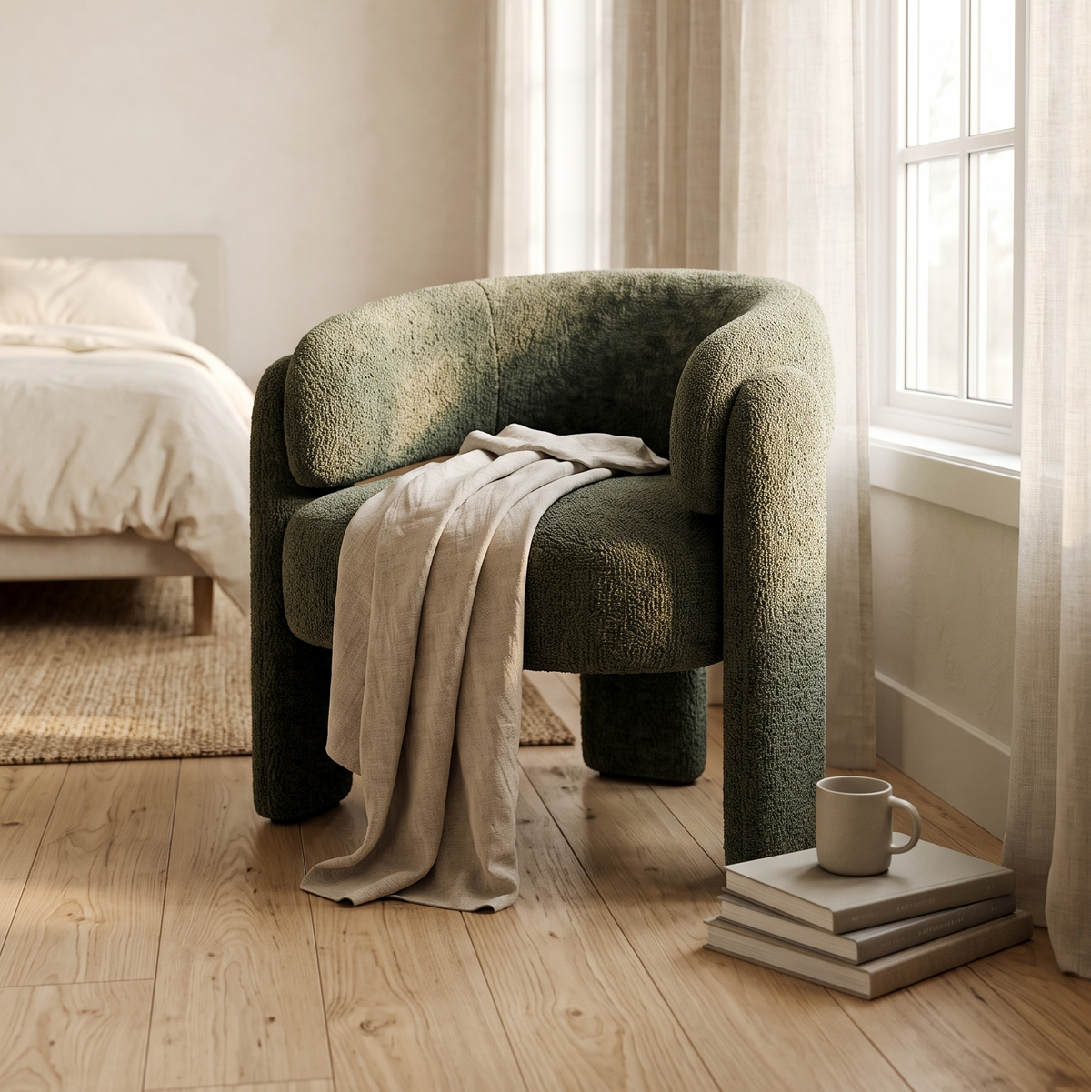 Olive green boucle barrel accent chair with a linen throw by a bedroom window with sheer curtains