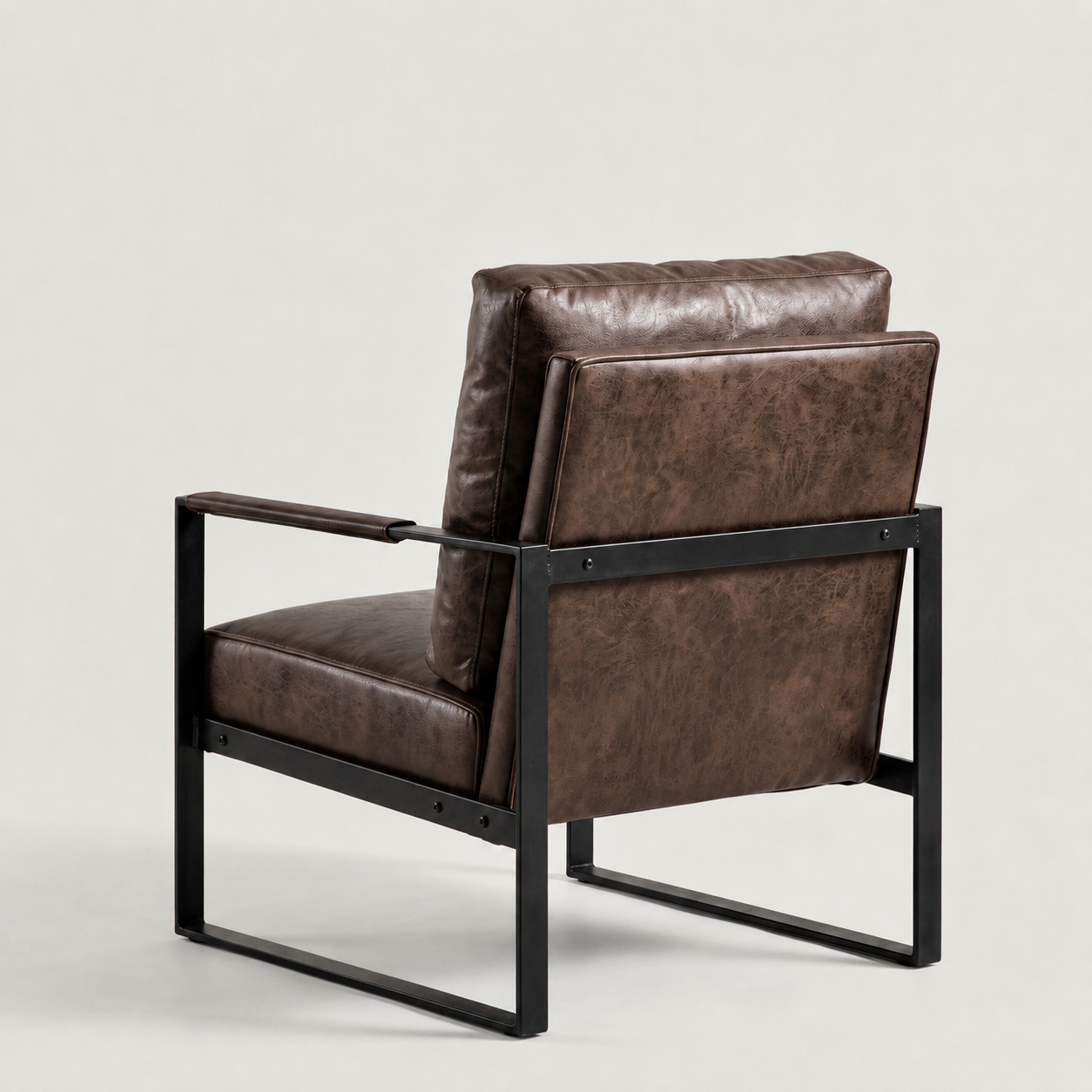 Chocolate accent chair rear view stitched microfiber matte black frame