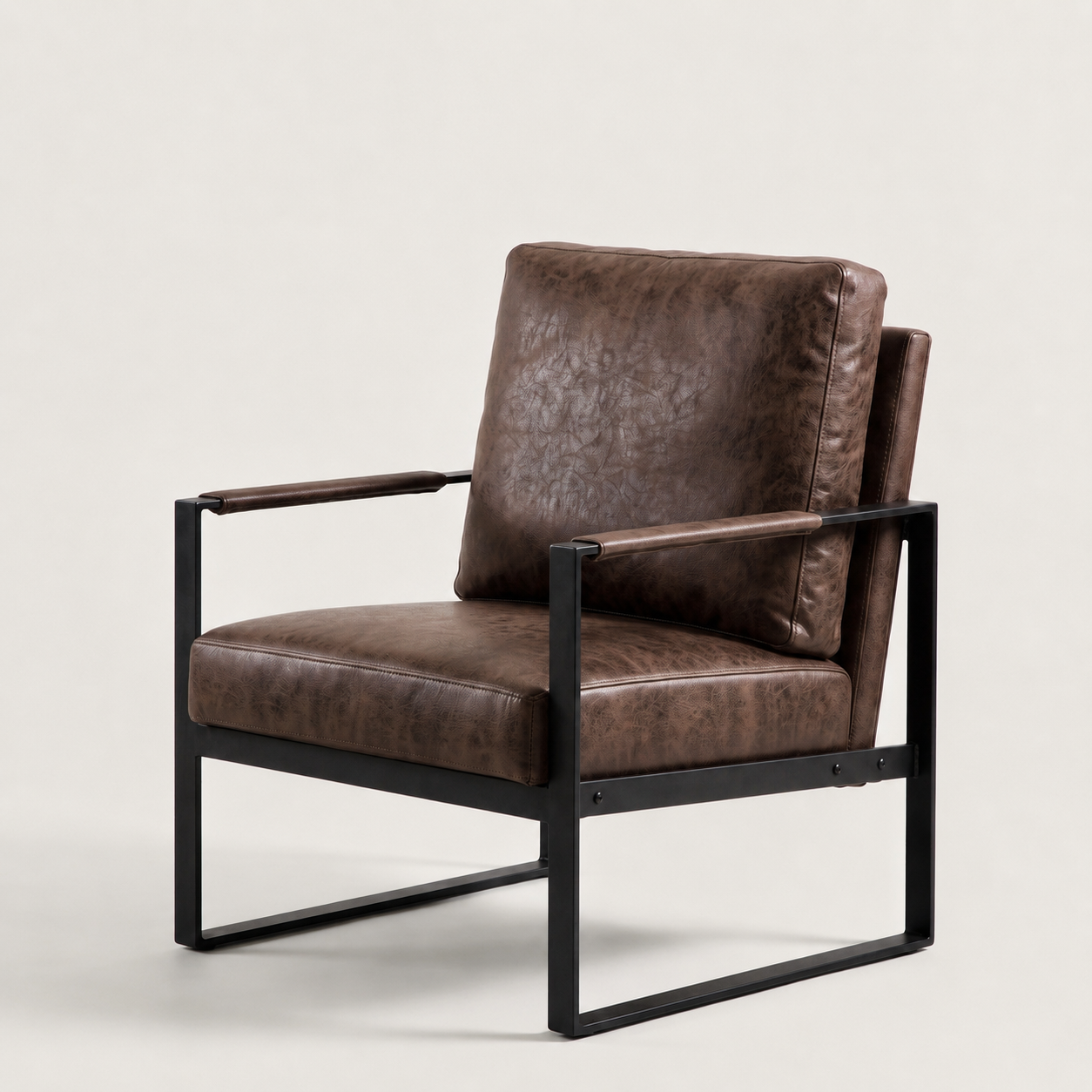 Chocolate accent chair front angle open armrest square metal legs