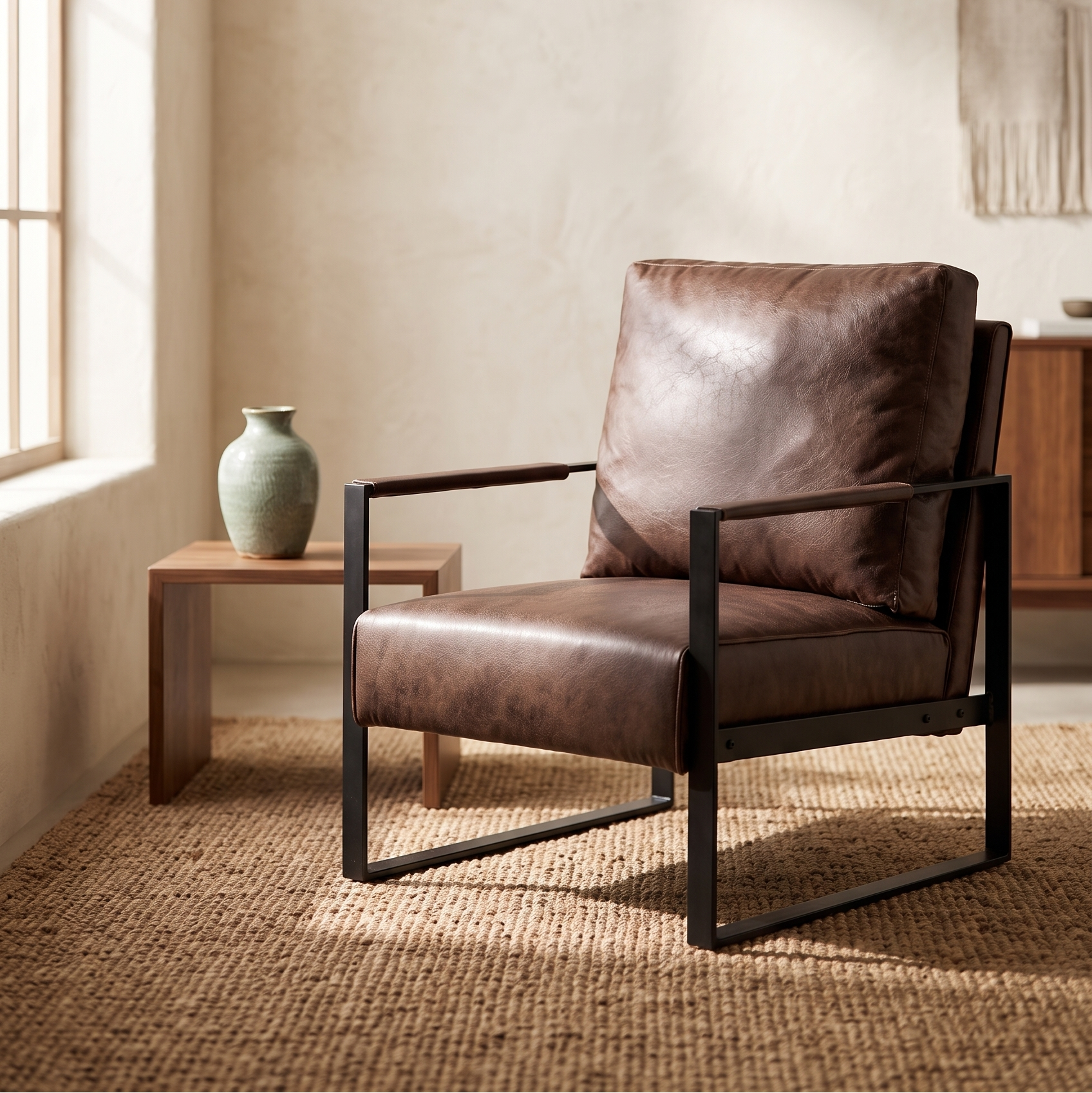 Brown leather-look accent chair with black metal frame on a jute rug in a sunlit plaster room