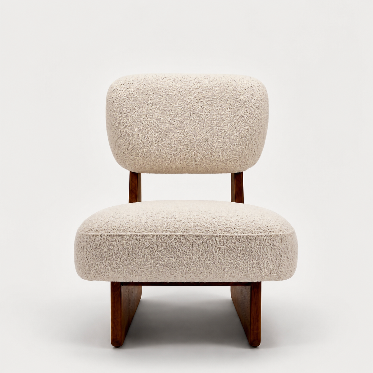 Coconut boucle accent chair solid walnut frame front view