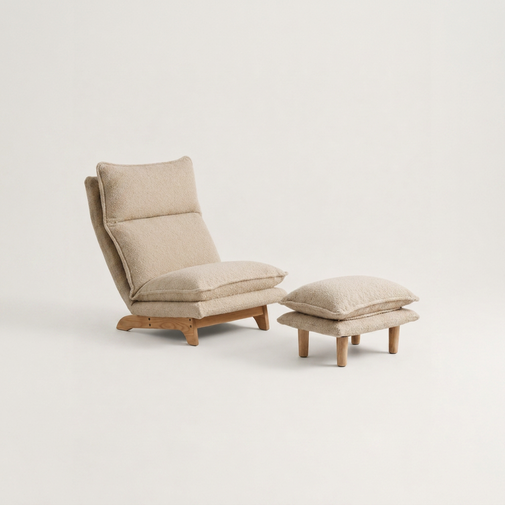 Coconut boucle floor lounge chair with curved ash wood base and matching ottoman
