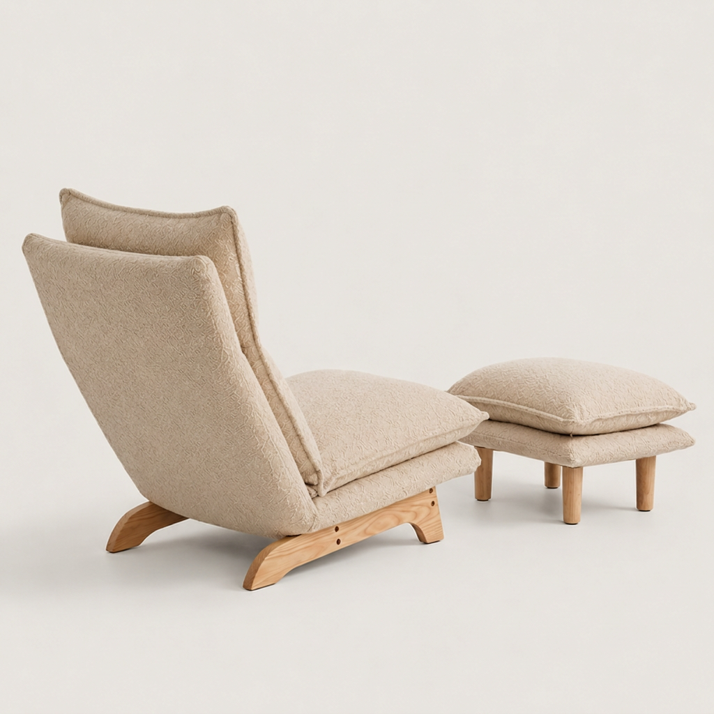 Low-profile lounge chair rear view sculpted ash base textured boucle upholstery