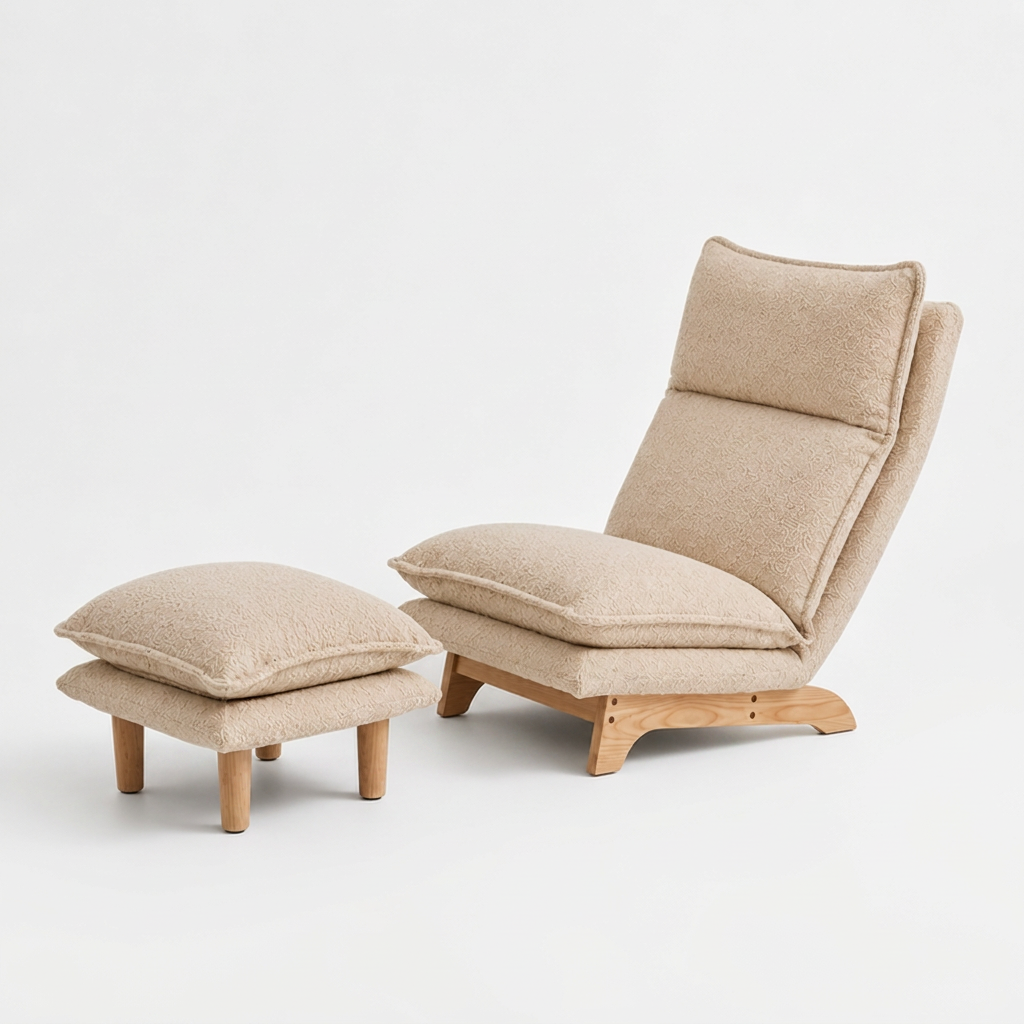 Japandi lounge chair and ottoman neutral boucle warm wood living room