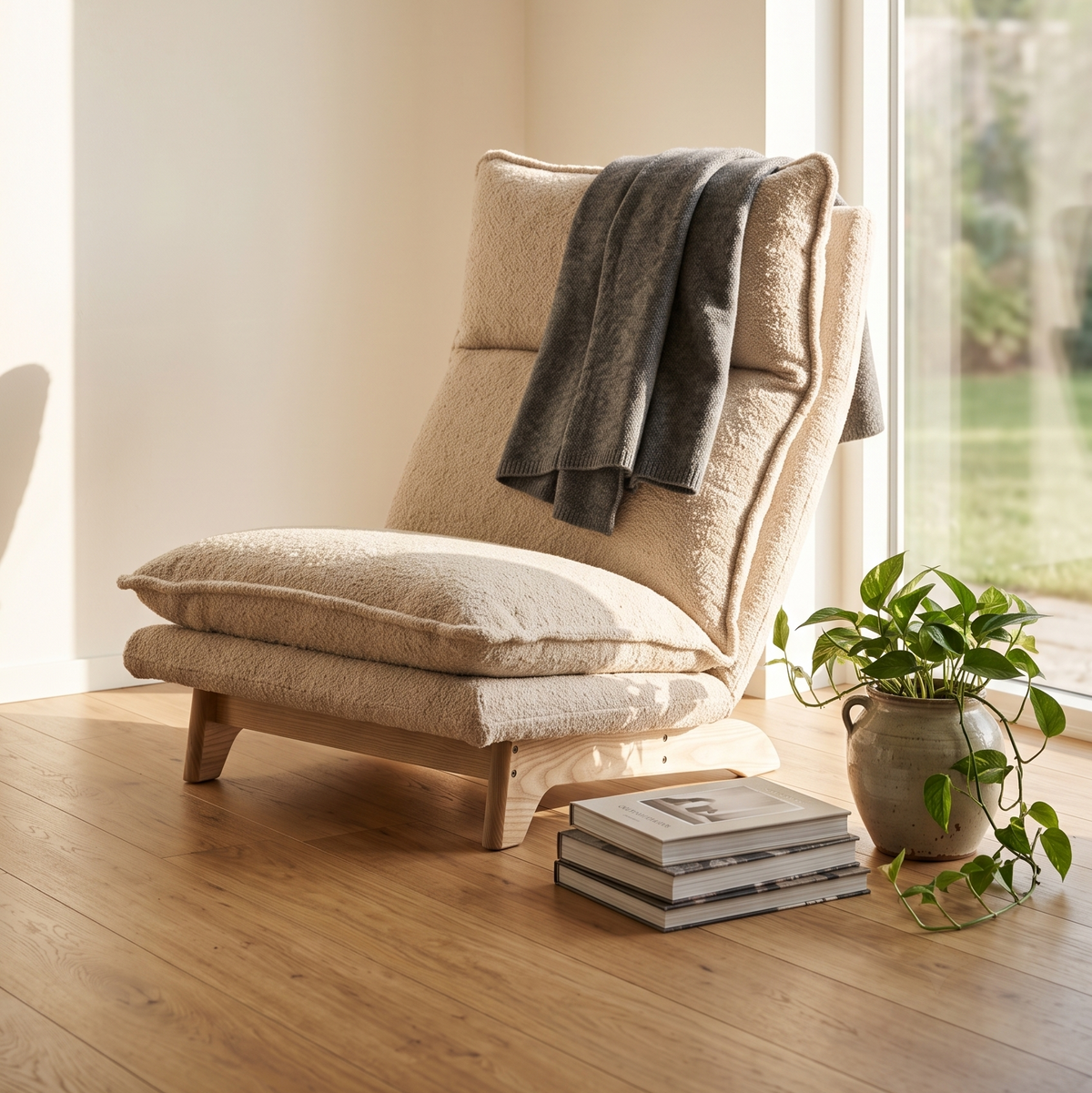 Cream boucle floor lounge chair with oak base in a sunlit corner with a throw blanket and books