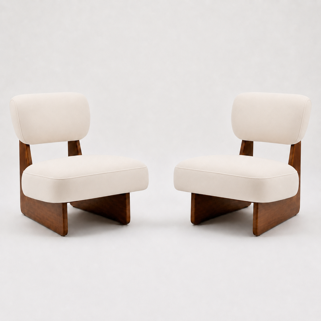 Coconut fabric lounge chair pair sculptural walnut wood base
