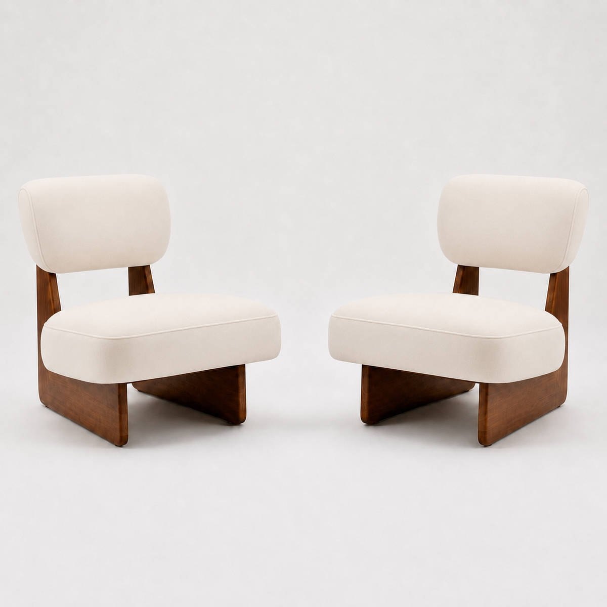 Coconut fabric lounge chair pair sculptural walnut wood base
