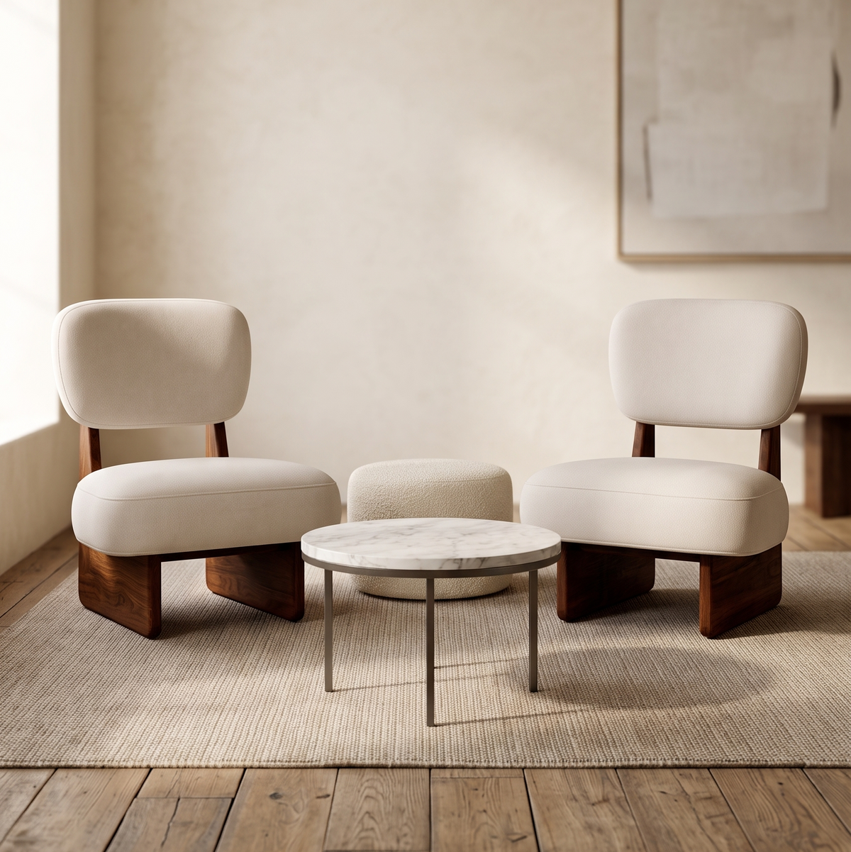 Pair of cream upholstered lounge chairs with walnut bases flanking a round marble coffee table