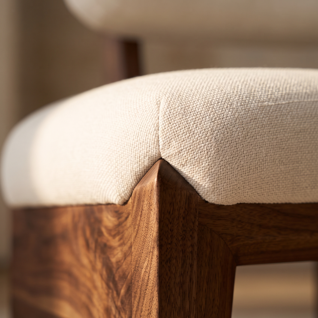 Close-up of cream woven upholstery meeting the mitered walnut leg of a lounge chair seat