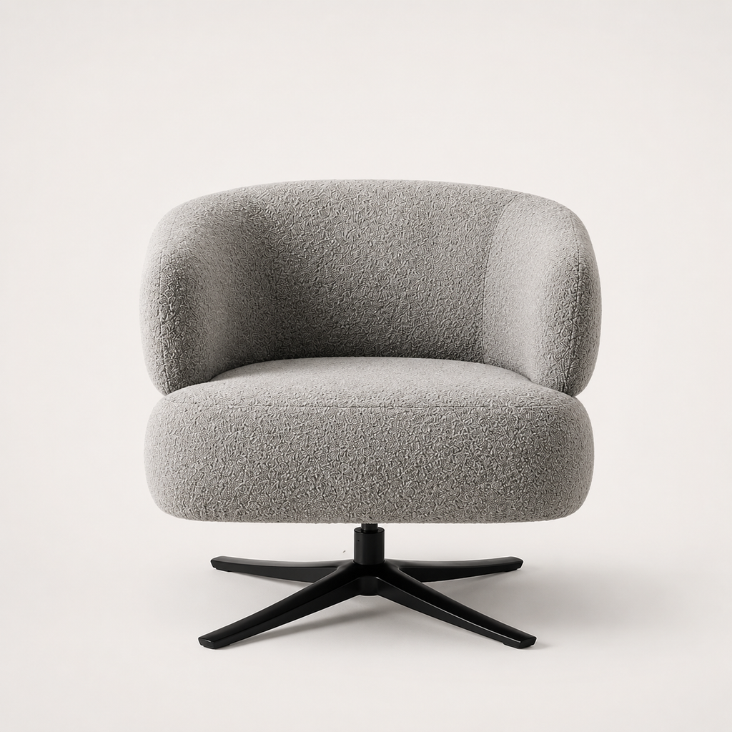 Sculptural boucle swivel chair rear view seamless curved form