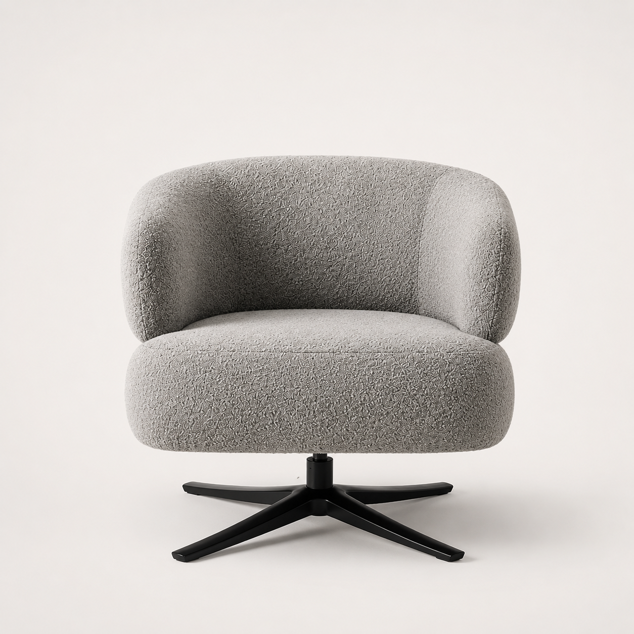 Sculptural boucle swivel chair rear view seamless curved form