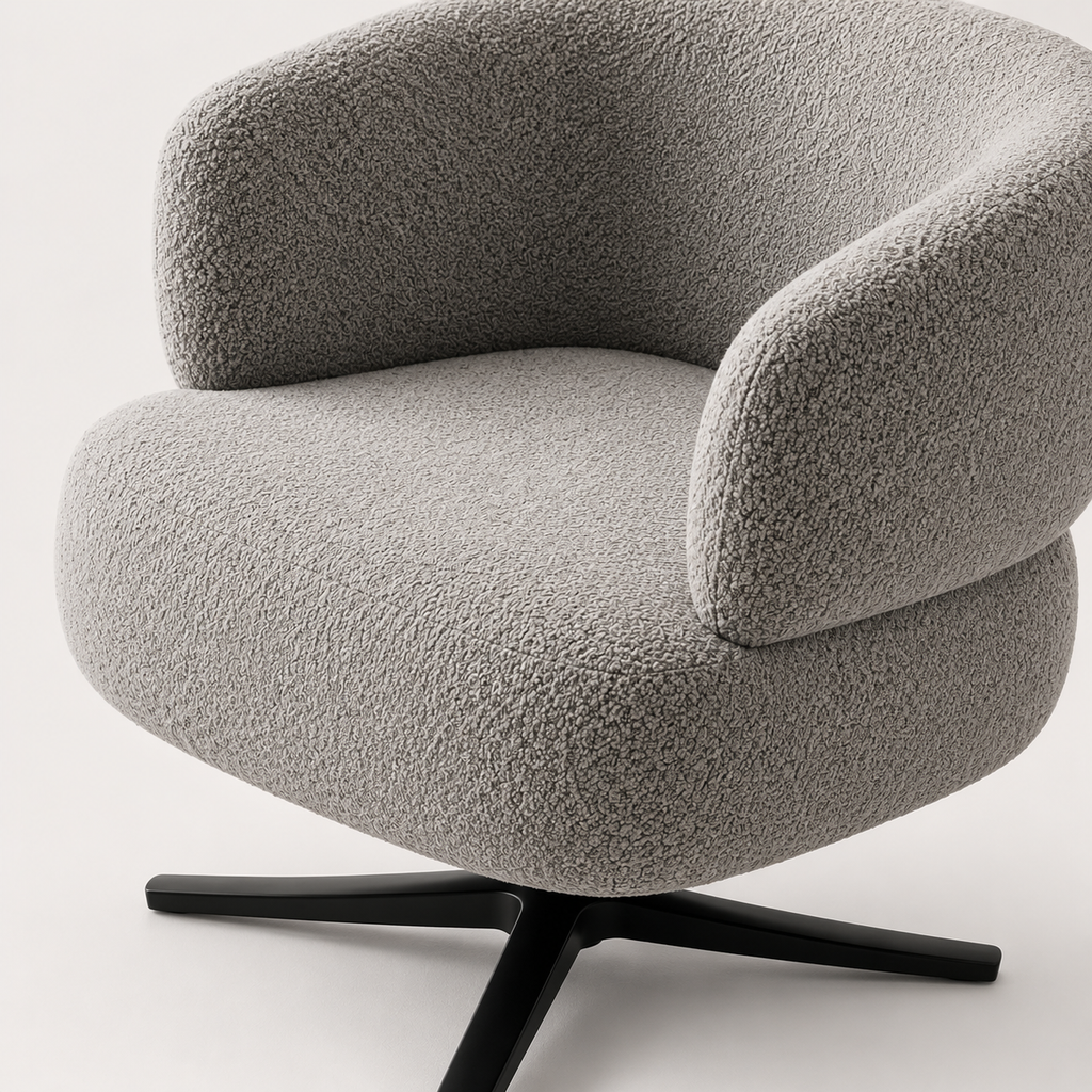 Boucle fabric texture close-up curved armrest swivel chair