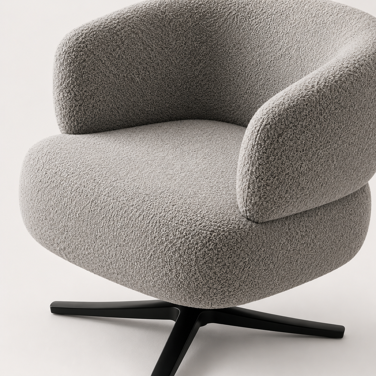 Boucle fabric texture close-up curved armrest swivel chair