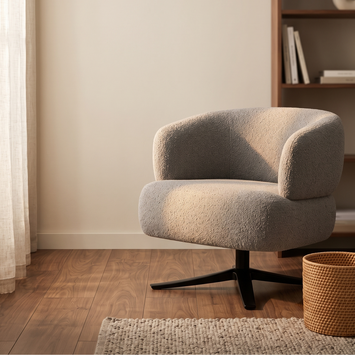 Taupe boucle swivel accent chair with black metal base in a sunlit corner with woven rug and shelving