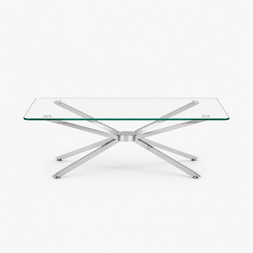 Clear tempered glass coffee table low profile chrome spider base living room