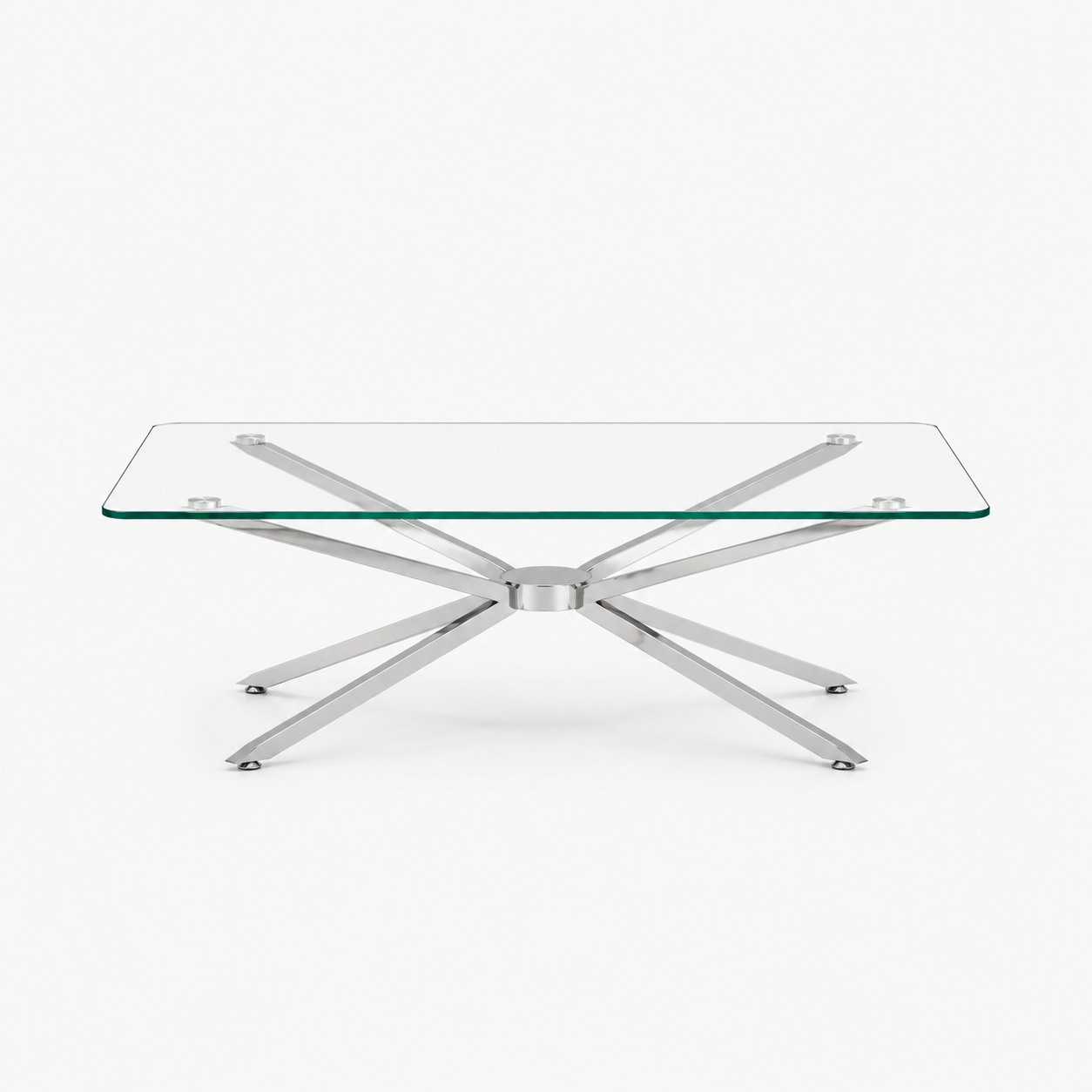 Clear tempered glass coffee table low profile chrome spider base living room