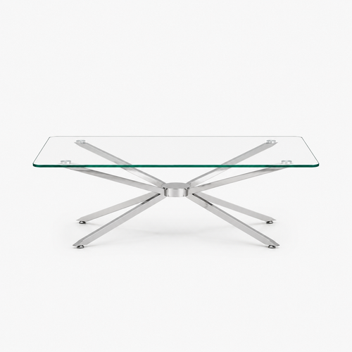 Clear tempered glass coffee table low profile chrome spider base living room