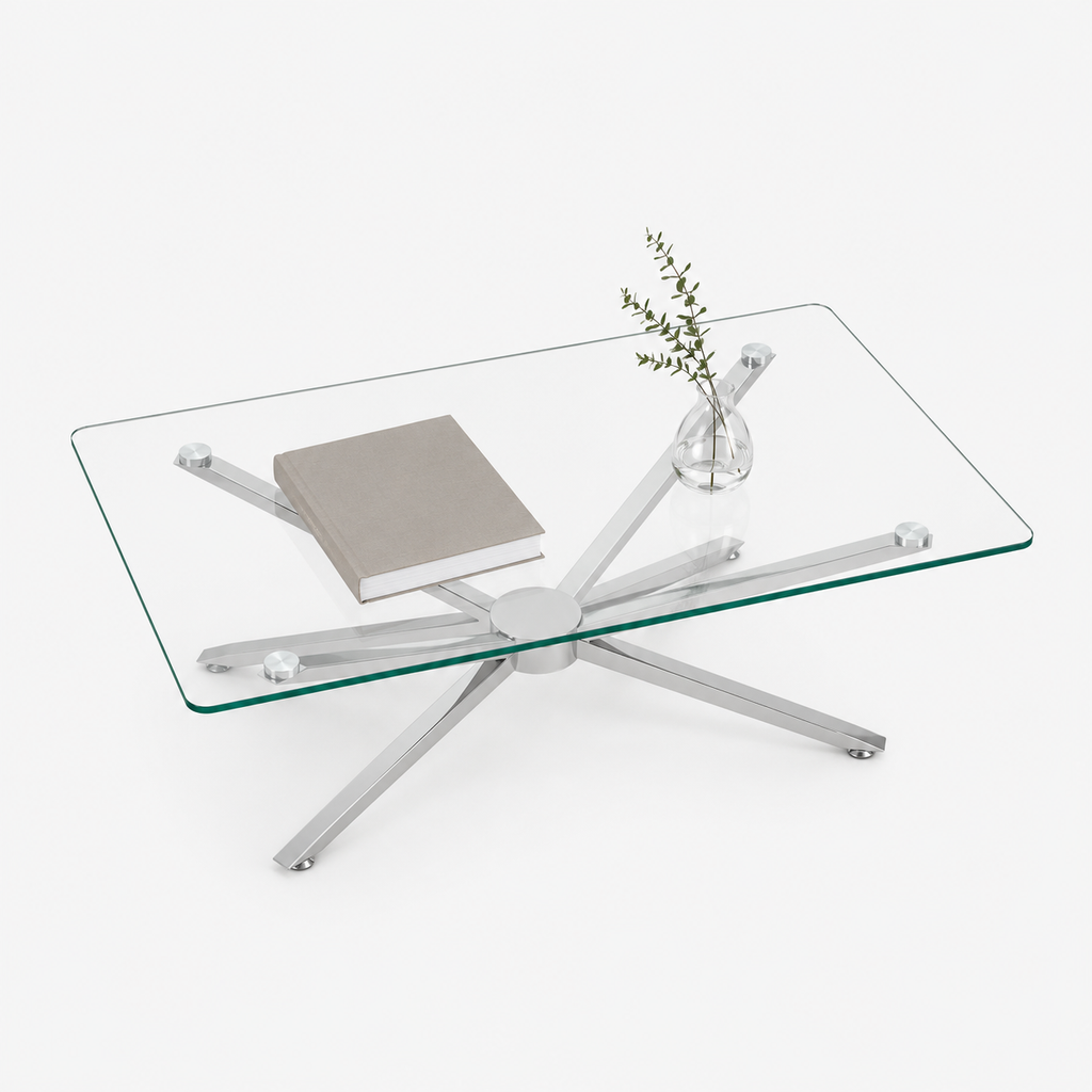 Glass coffee table styled with book and greenery chrome starburst base overhead