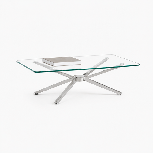 Rectangular glass coffee table polished chrome starburst base styled with art book