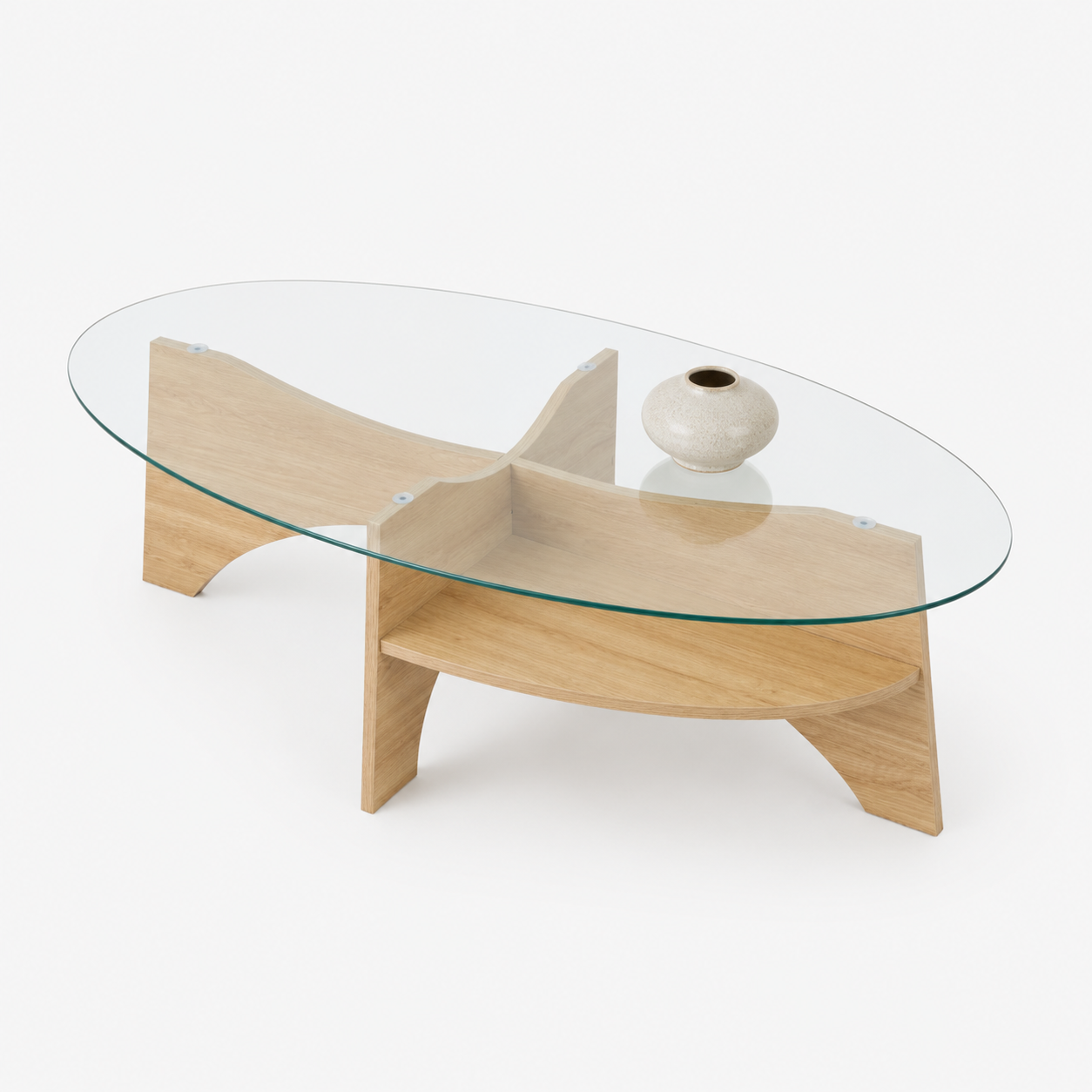 Oval glass coffee table with sculptural natural oak base in modern living room