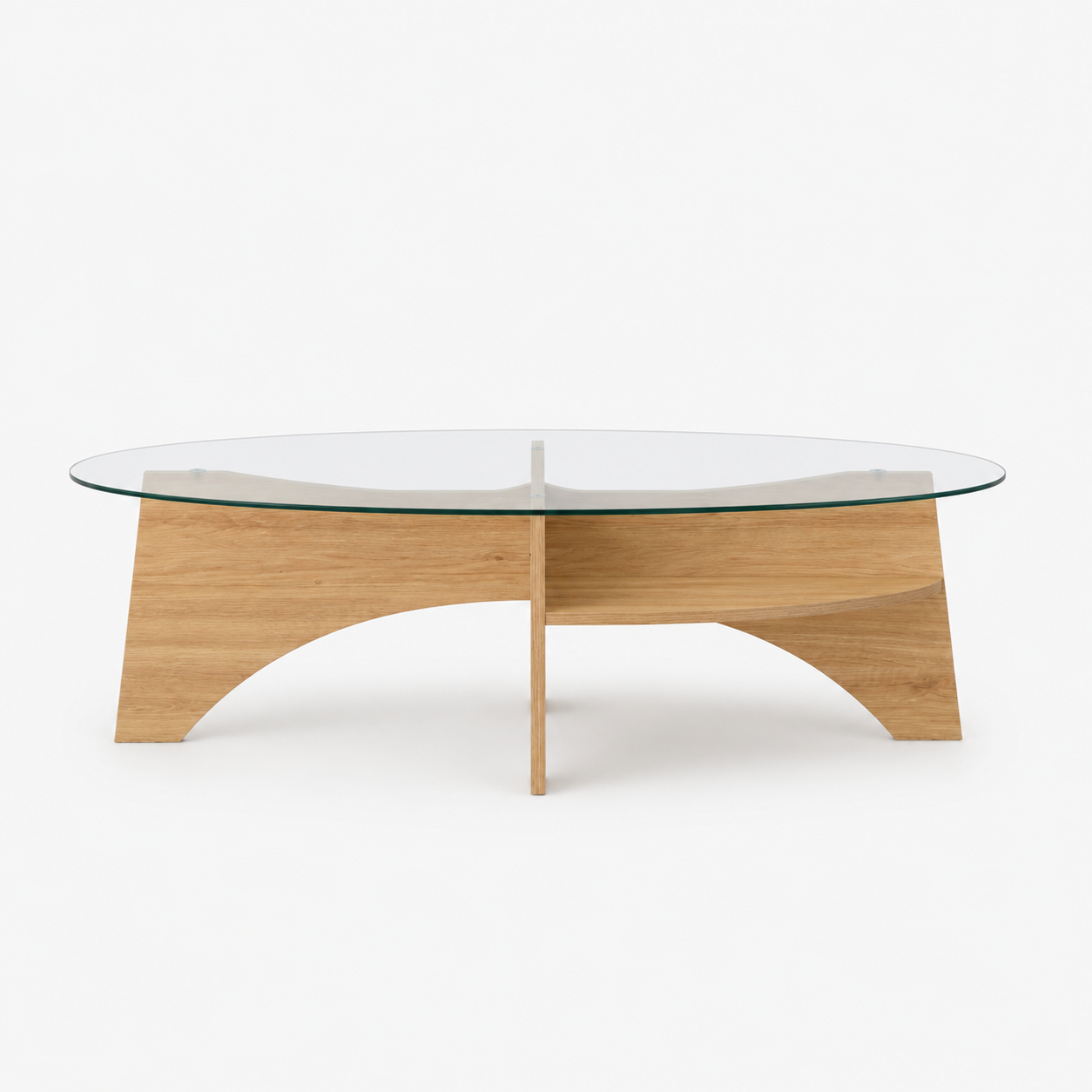 Natural oak wood grain base and tempered glass edge coffee table close-up