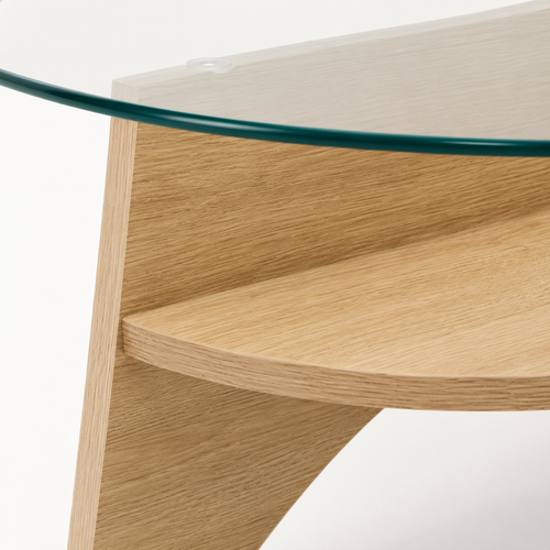 Low profile oval coffee table front view arched oak legs and lower shelf