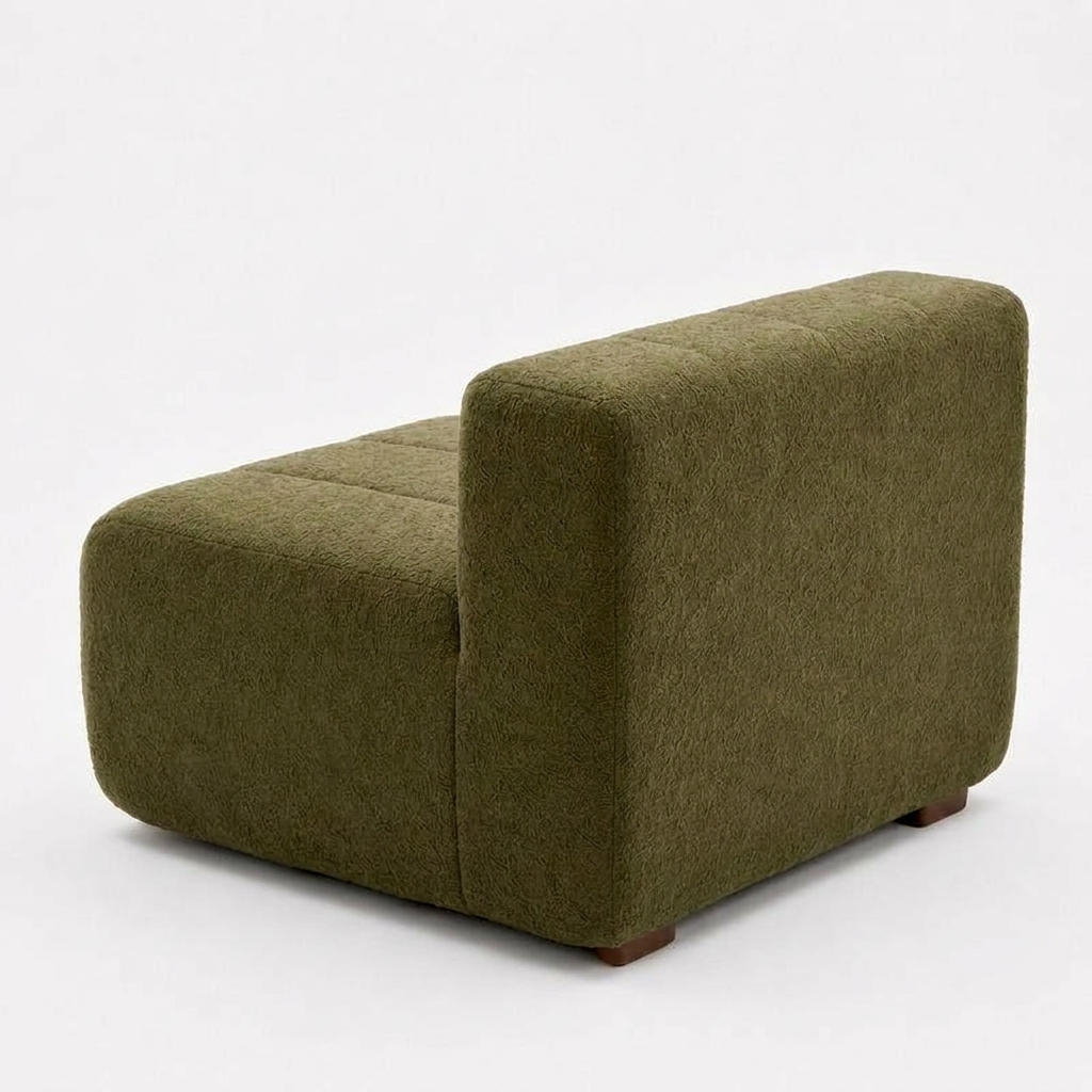 Spinach chenille sofa back view wooden block feet curved silhouette