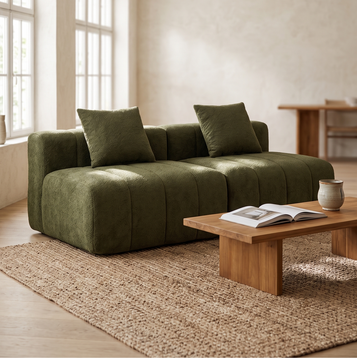 Olive green boucle modular sofa with channel-tufted seat on a jute rug in a sunlit plaster room