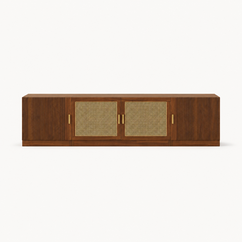 Walnut media console fluted doors rattan cane center panels brushed brass pulls