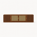 Walnut media console fluted doors rattan cane center panels brushed brass pulls