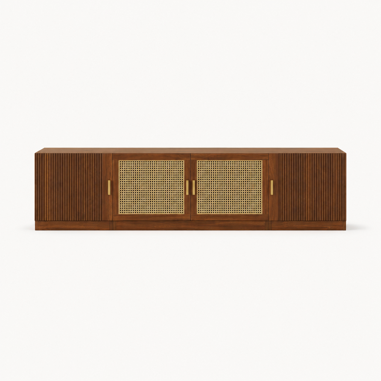 Walnut media console fluted doors rattan cane center panels brushed brass pulls