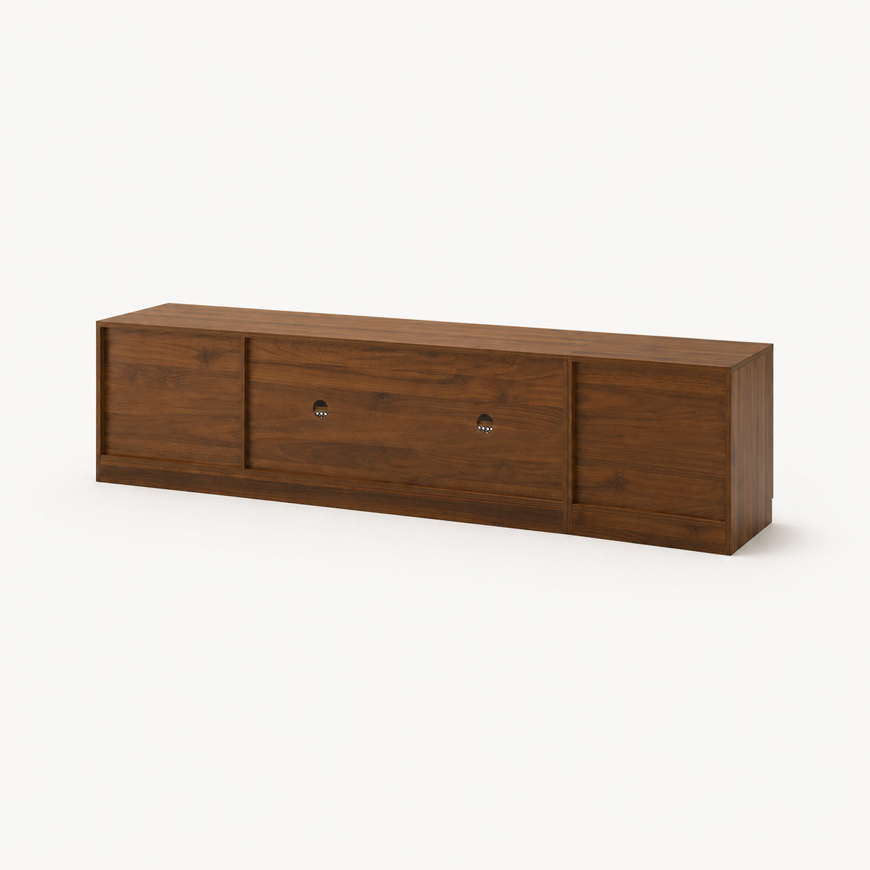 Walnut media console back panel with discreet cable management cutouts side depth