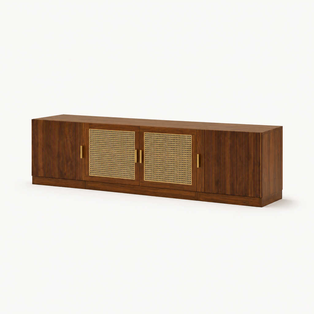 Long low walnut TV stand three quarter view fluted and cane door fronts