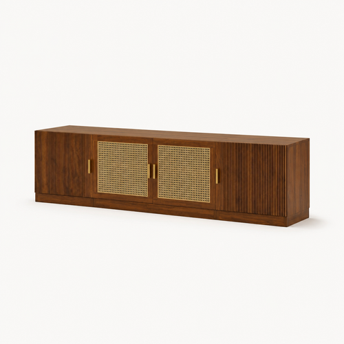 Long low walnut TV stand three quarter view fluted and cane door fronts
