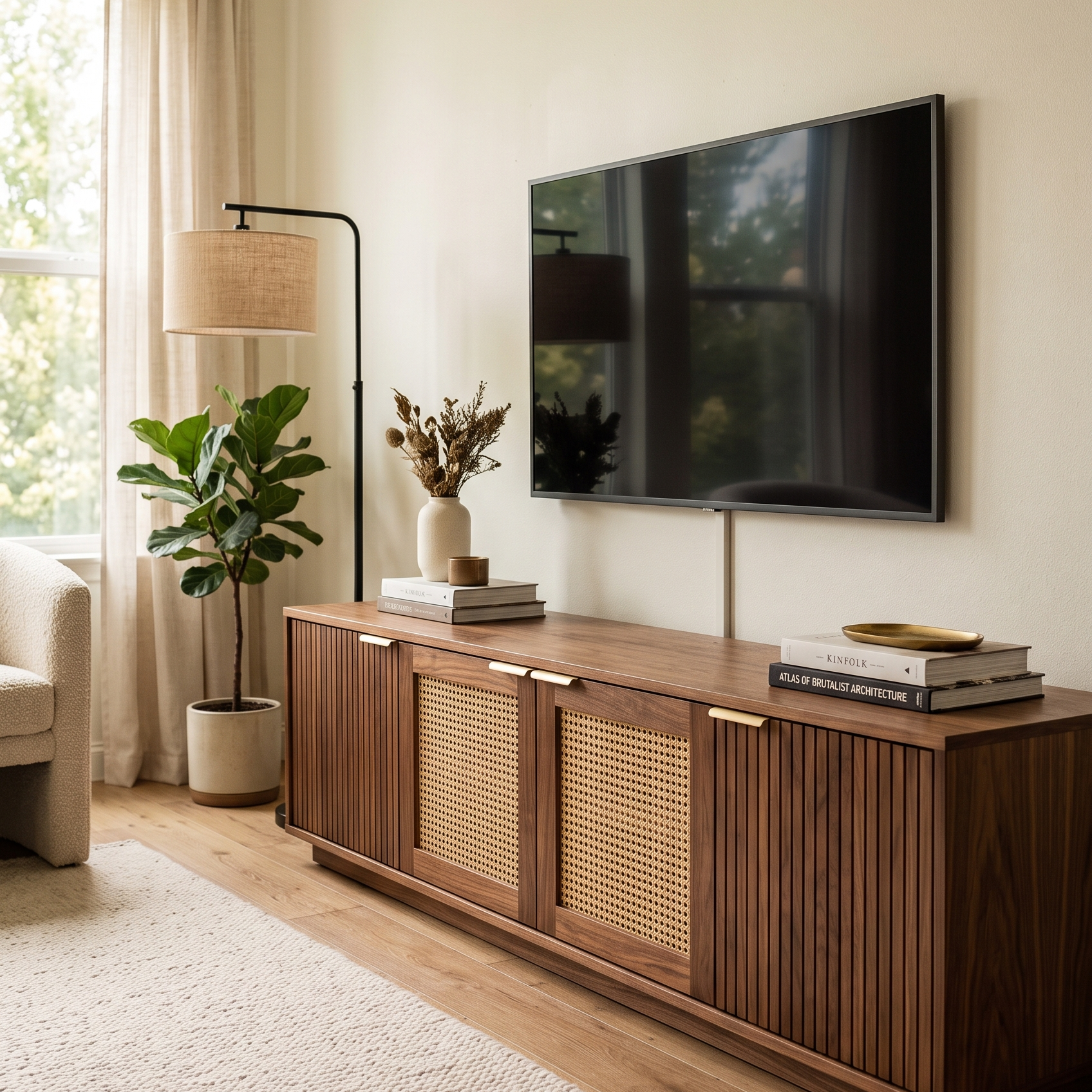Walnut fluted media console with rattan cane doors under a wall-mounted TV in a sunlit living room