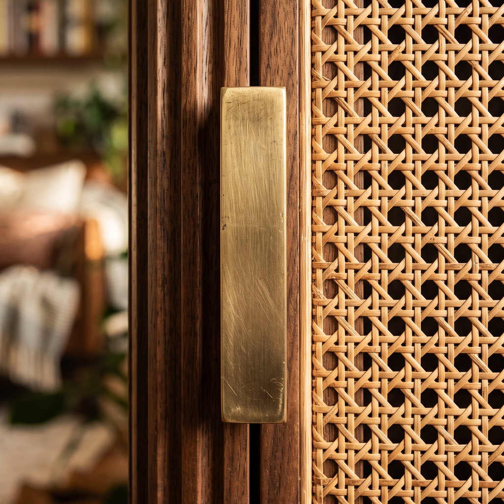 Close-up of brushed brass pull handle on a walnut media console with woven rattan cane door panel