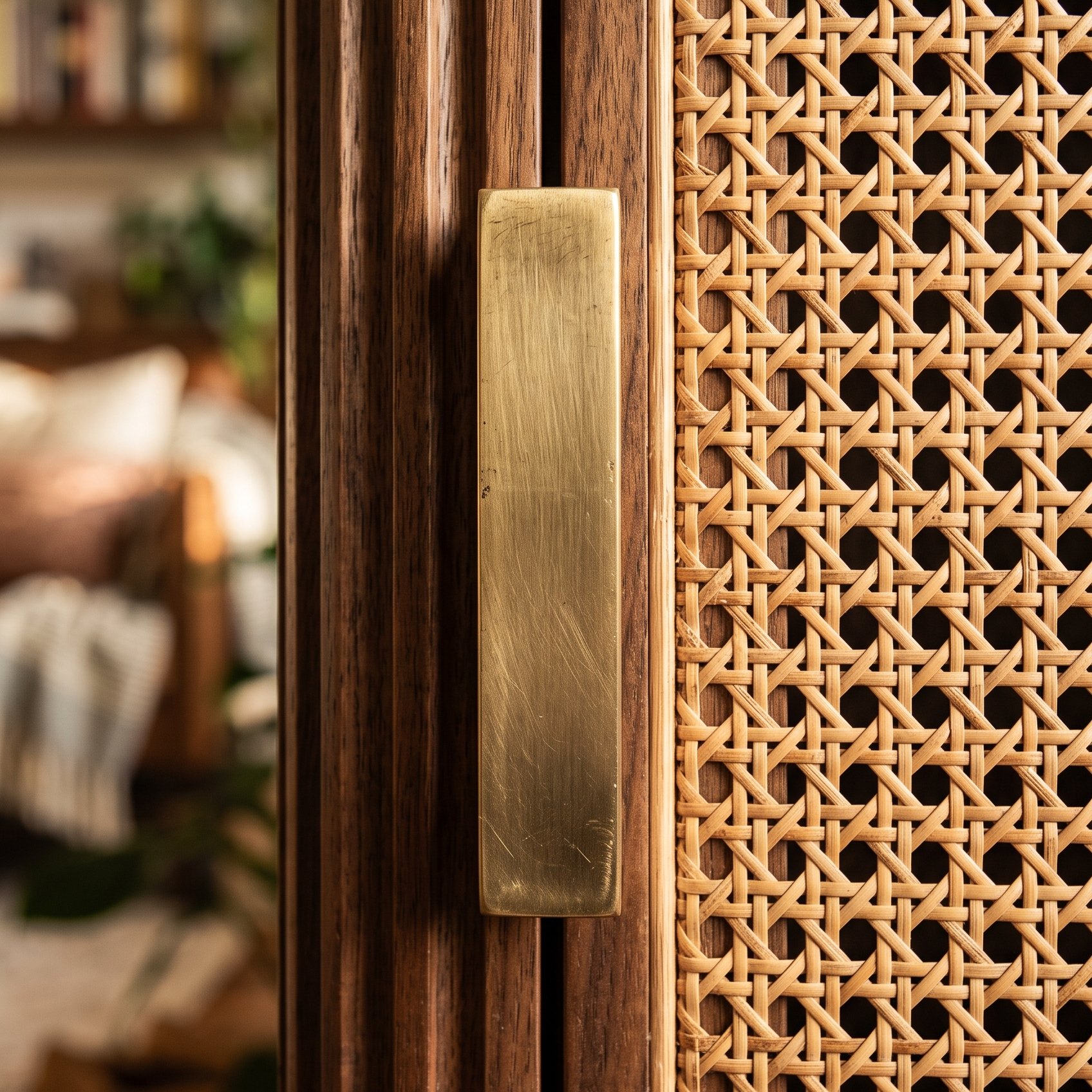 Close-up of brushed brass pull handle on a walnut media console with woven rattan cane door panel