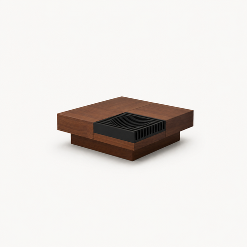 Square wood storage coffee table sculptural black insert modern side view