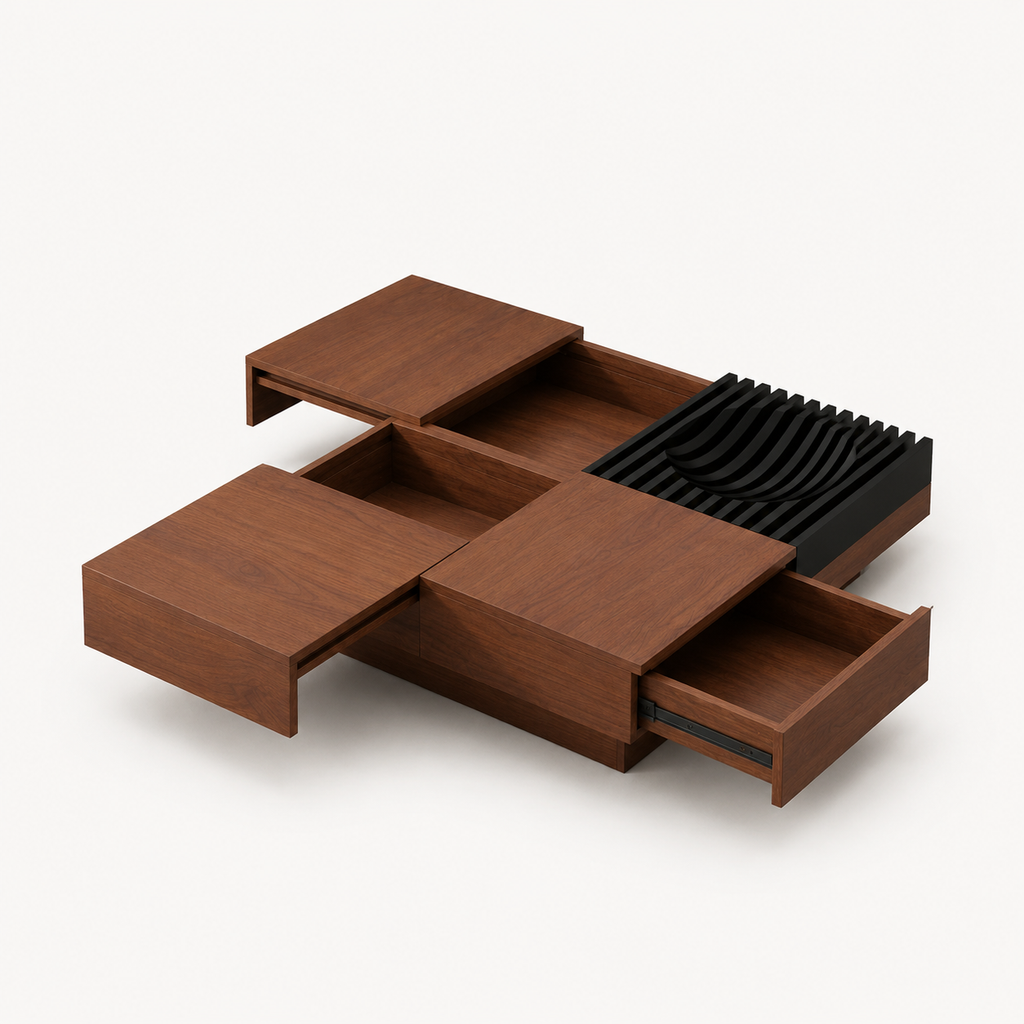 Modular wood coffee table with pull-out drawers hidden storage layout