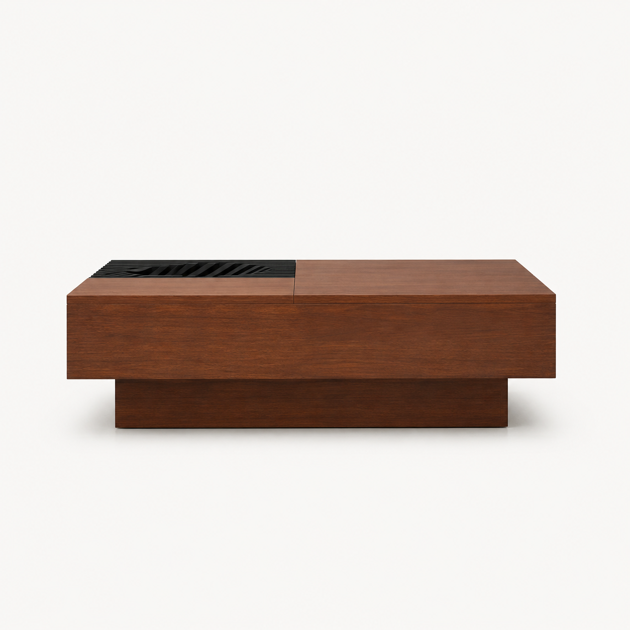 Walnut acacia coffee table with black wave panel low plinth base living room