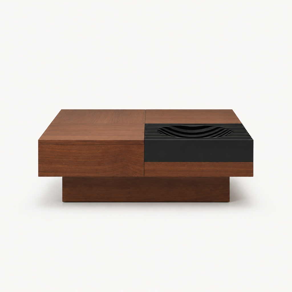 Low profile acacia coffee table black sculptural drawer front minimalist design